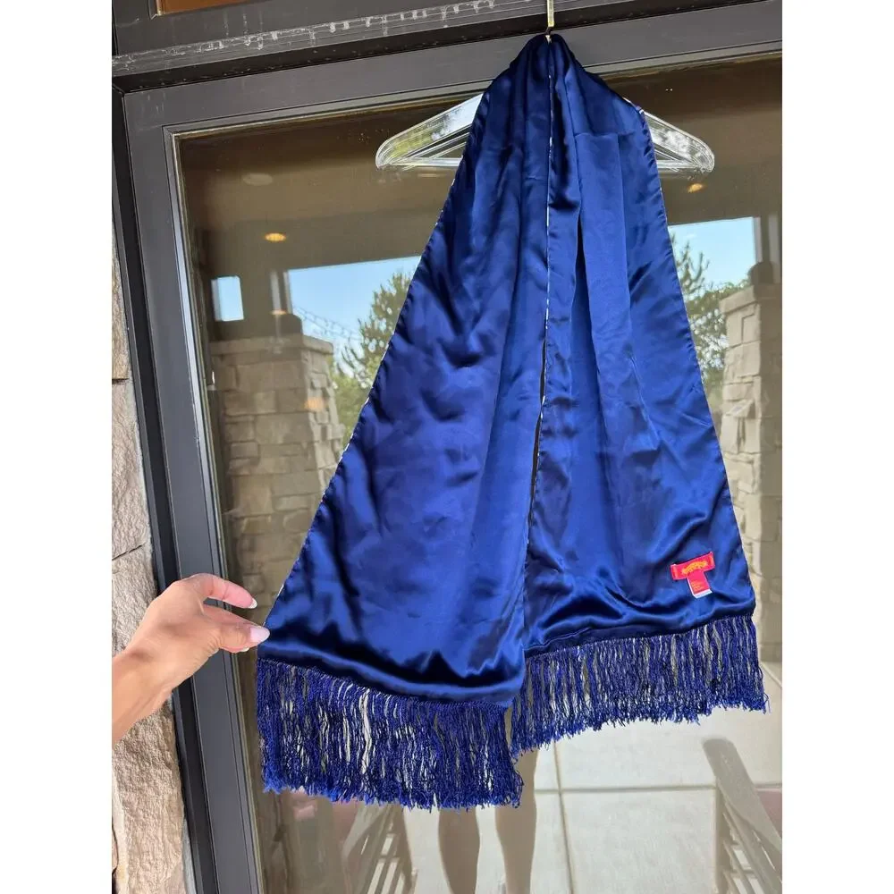 Shanghai Tang Blue White Ornamental Print 100% Silk Fringe Scarf